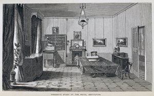 Studie Michaela Faradaye ve druhém patře v The Royal Institution, z knihy Henryho Bence Jonese „The Life and Letters of Faraday“, publikované 1870, 1869 (viz 137594)