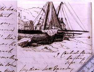 RI MS F1 I160 Viněta rybářských lodí v Hastings, náčrt v dopise Michaelu Faradayovi (1791-1867), 23. září 1853 (pero a inkoust na papíře)