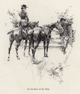 Jezdci na koních se zastavili, aby otevřeli bránu (litho) od Harrison Fisher