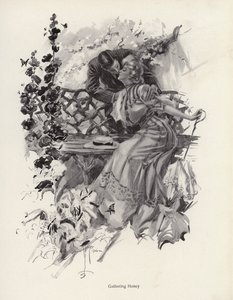 Muž líbá ženu v zahradě (litho) od Harrison Fisher