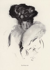 Portrét mladé ženy v klobouku a kožichu (litho) od Harrison Fisher