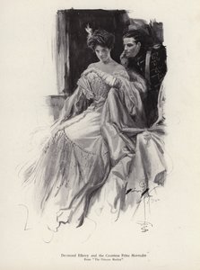Dvě postavy, Desmond Ellery a hraběnka Frina Mavrodin z románu Princezna Moritza od Percyho Brebnera (litho) od Harrison Fisher