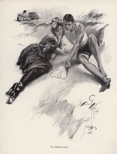 Dva milenci kreslí srdce v písku na pláži (litho) od Harrison Fisher