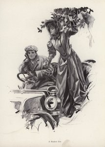 Žena trhající jablka z auta (litho) od Harrison Fisher
