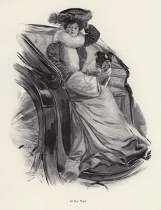 Žena sedí v kočáru se svým psem (litho) od Harrison Fisher