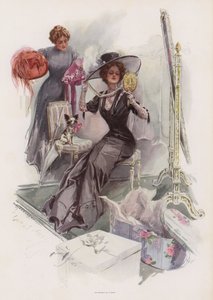 Mladá Američanka si zkouší klobouky ve francouzském kloboučku (barva litho) od Harrison Fisher