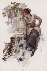Mladá žena ve svém jezdeckém hábitu sedí se svými psy (barva litho) od Harrison Fisher