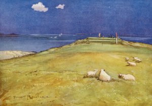 Golfová hřiště: Gullane, šestý green a sedmé odpaliště (barevná litografie)
