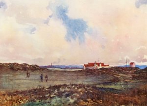 Golfová hřiště: Portmarnock, druhá rána na osmnácté jamce (barevná litografie)