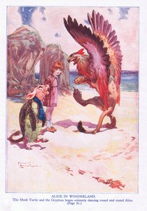 Falešná želva a Gryphon začali slavnostně čelit kolem dokola Alice (barva litho)
