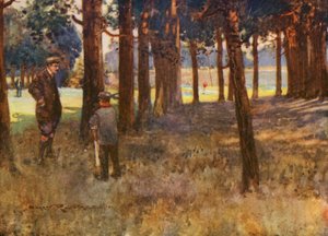 Golfová hřiště: Mildenhall, výsledek špatného slice na šesté jamce (barevná litografie)