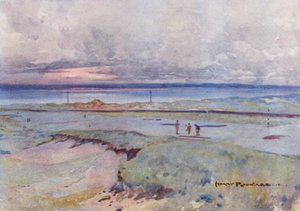 Golfová hřiště: Muirfield, čtvrtý a čtrnáctý green (barevná litografie)