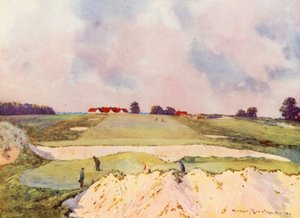 Golfová hřiště: Sandy Lodge, první green, pohled směrem ke klubovně (barevná litografie)