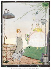 "Přišel jsem sem, abych ti posloužil vodou, modli se?" Ilustrace k příběhu, "víla". Mladá žena, která se setká s vílou se vzhledem dobře oblečené dámy. od Harry Clarke