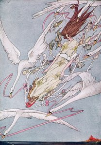 „A celý den letěli dál“, ilustrace z Divokých labutí od Hanse Christiana Andersena od Harry Clarke