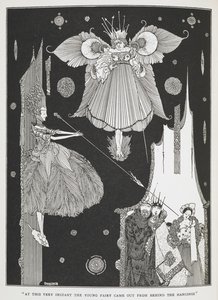 "Tässä hetkessä nuori keiju tuli ulos hirttien takaa." Kuvitus tarinalle "Puun nukkuva kaunotar". od Harry Clarke