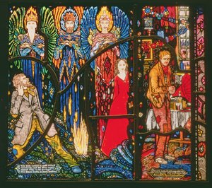 Detail z ženevského okna zobrazující Demi Gods od Jamese Stephense a Juno and the Paycock od Seana OCaseyho, 1929 od Harry Clarke