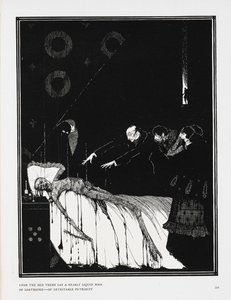 Z lůžka ležela téměř tekutá masa odporné - odporné hniloby." Ilustrace k příběhu „fakta v případě M. Valdemara“. od Harry Clarke