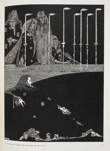 "Viděl jsem je, jak vytvářeli slabiky mého jména." Ilustrace k příběhu "jáma a kyvadlo". od Harry Clarke