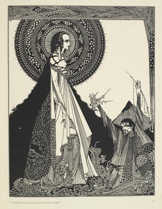 "Zavolal bych nahlas její jméno." Ilustrace Ligeia, povídka. „Ligeia“ je povídka od Edgara Allana Poea. Příběh sleduje nejmenovaného vypravěče a jeho manželku Ligeiu, krásnou a inteligentní ženu s havraními vlasy. Onemocní, složí „Th od Harry Clarke