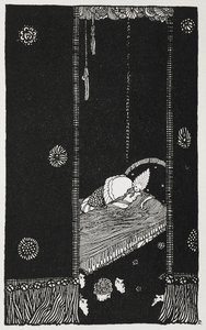 Ilustrace k příběhu „spící kráska v lese“. Šípková Růženka na posteli. od Harry Clarke