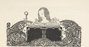 Ilustrace zobrazující ženu čtoucí knihu v horní části stránky s obsahem. od Harry Clarke