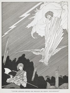 "Jupiter ilmestyi hänen eteensä heilutellen mahtavia salamuksiaan." Kuvitus "naurettavista toiveista". od Harry Clarke