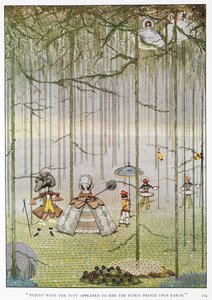 "Riquet s chomáčem se jí zdál jako nejlepší princ na Zemi." Ilustrace k příběhu "Riquet s chomáčem." Princezna v dřevě potkává prince Riqueta s chocholem. od Harry Clarke