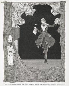 „Nechala po sobě jedny skleněné pantofle, které princ vzal nejopatrněji.“ Ilustrace k příběhu Popelka nebo Skleněný střevíček. od Harry Clarke