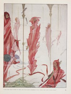 Umírající patriot. „A mrtví byli oděni do rudého a mořských lilií nad hlavou   houpat se, když foukají dlouhé větry" od Harry Clarke