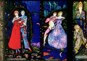 The Geneva Window zobrazující Playboye západního světa od J. M. Synge, The Dreamers od Seamuse OSullivana a The Demi Gods od Jamese Stephense, 1929