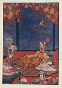 Slavík. Umělý pták měl své místo na hedvábném polštáři blízko imperátorovy postele. od Harry Clarke