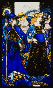 Královny ze Sáby, Meath a Connaught." "Královny", devět skleněných panelů kyselých, obarvených a malovaných, Ilustrující báseň J. M. Synge, 1917 od Harry Clarke