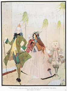 "Markýz podal ruku princům a následoval krále, který šel první." Ilustrace k příběhu „Mistr kočka nebo kocour v botách“. od Harry Clarke