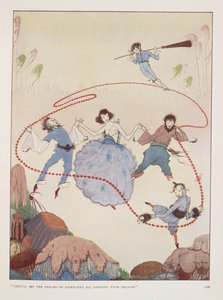 "Oni roztančí říše pohádkové země radostí." Ilustrace pro Almužnu na podzim od Rose Fyleman. Postavy tančící ve vzduchu. od Harry Clarke