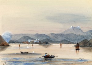 "Loď HMS Tribune se ocitla na řece Chuenpee v Kantonu (Čína), na veslařských člunech a čínských džunkách. od Harry Edmond Edgell
