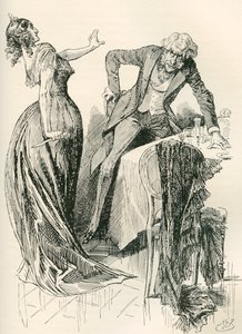 Edith a pan Carker. "Blížil se vesele k ní, když v mžiku zvedla nůž ze stolu a vydala se o krok zpět. "Zůstaň stát," řekla, "nebo tě zabiju!" Ilustrace Harry Furniss pro román Charlese Dickense