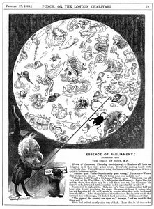 Essence of Parliament: Cartoon označující zahájení prvního zasedání parlamentu v roce 1883 (dřevoryt) od Harry Furniss