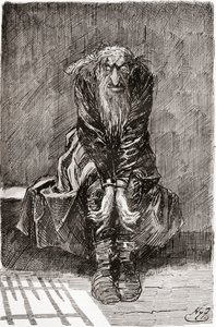 Fagin v Odsouzené cele. "Posadil se na kamennou lavici naproti dveřím, které sloužily jako sedadlo a postel, a vrhal své krví podlité oči na zem, snažil se shromáždit své myšlenky." Ilustrace Harry Furniss k románu Charlese Dickense od Harry Furniss