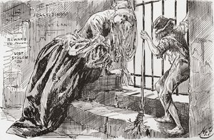 Lady Dedlocková a Jo. "Byl tam umístěn," říká Jo, drží se mříží a dívá se dovnitř, zatímco lady Dedlocková se stáhne do kouta. Ilustrace Harryho Furnisse k románu Charlese Dickense Bleak House, z The Testimonial Edition, vydaném v roce 1910.