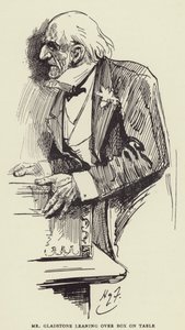 Pan Gladstone se sklání nad krabicí na stole od Harry Furniss