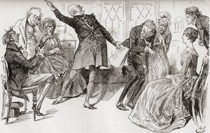 Pan Micawber dosáhne pádu Heep. Triumfální vzkvétání, s nímž pan Micawber přednesl svá slova, měl mocný účinek na to, aby vyděsil matku, která ve velkém vzrušení vykřikla: „Ury! Ury! Buď skromný a dohodni se, má drahá!" Illu od Harry Furniss
