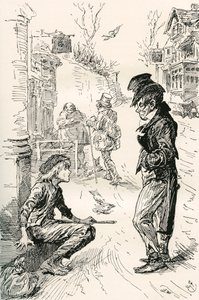 Oliver zapadá do The Artful Dodger. "Haló, můj covey, co je to za hádku?" řekl tento podivný mladý pán Oliverovi. "Jsem velmi hladový a unavený," odpověděl Oliver; slzy v jeho očích, když mluvil. "Ušel jsem dlouhou cestu. Šel jsem pěšky." od Harry Furniss