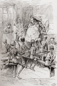 Hladovění v Workhouse. "Prosím, pane, chci ještě." "Mistr několik vteřin hleděl v ohromeném úžasu na malého rebela a přitiskl se k mědi. Asistenti byli paralyzováni úžasem, chlapci strachem." Ilustrace b od Harry Furniss