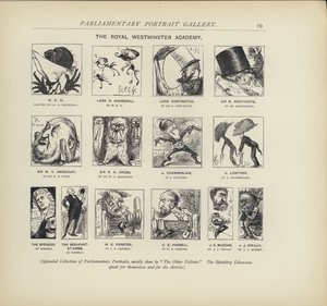 Královská Westminsterská akademie – představa, jak by se politici mohli navzájem malovat (litho) od Harry Furniss