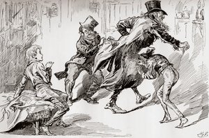 Zlodějská kuchyně. Oliverovi je ukázáno, jak se to dělá, ilustrace z knihy "Oliver Twist", kterou napsal Charles Dickens, z edice The Testimonial Edition, vydané v roce 1910. od Harry Furniss