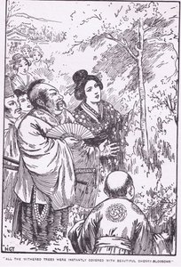 Všechny uschlé stromy se okamžitě pokryly krásným třešňovým květem (Stařec, který nechal uschnout stromy) (litografie) od Harry George Theaker