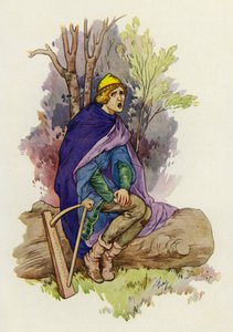 Když seděl, mladík zabrnkal smutnou písničku (barevná litografie). od Harry George Theaker