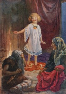 Aslaug, Aki a Grima z filmu "Ragnar Lodbrog" (barevná litografie) od Harry George Theaker