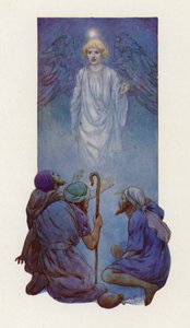 "Neboj se," řekl anděl (barevná litografie). od Harry George Theaker